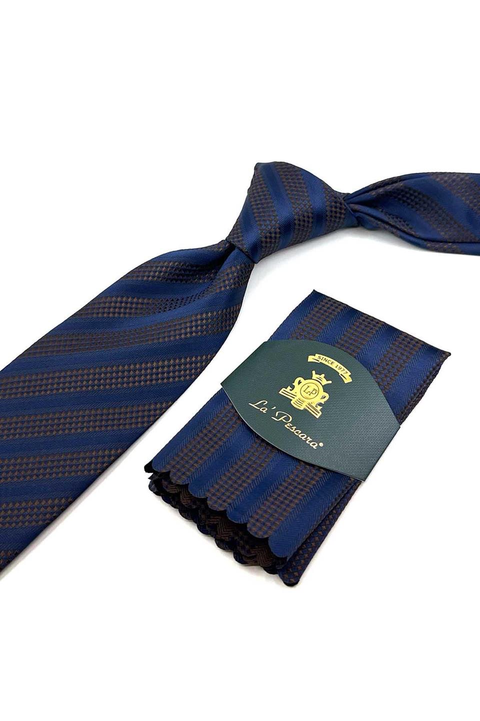 Kahve - Lacivert Çizgi Desen Mendilli Klasik Kravat KK12316