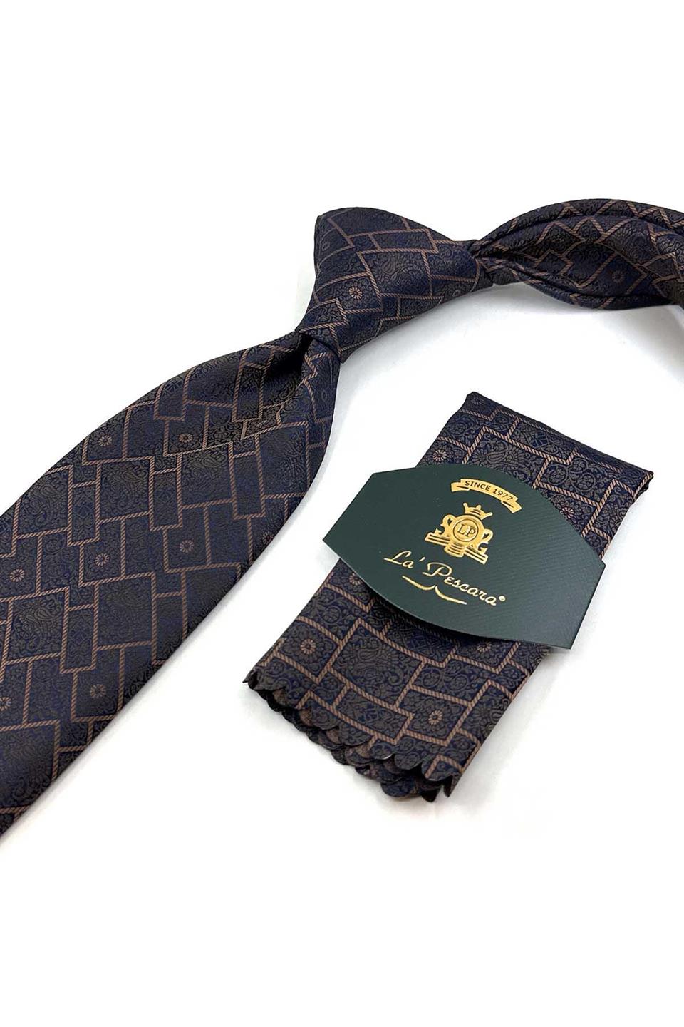 Kahve - Lacivert Kare Desen Mendilli Klasik Kravat KK13334