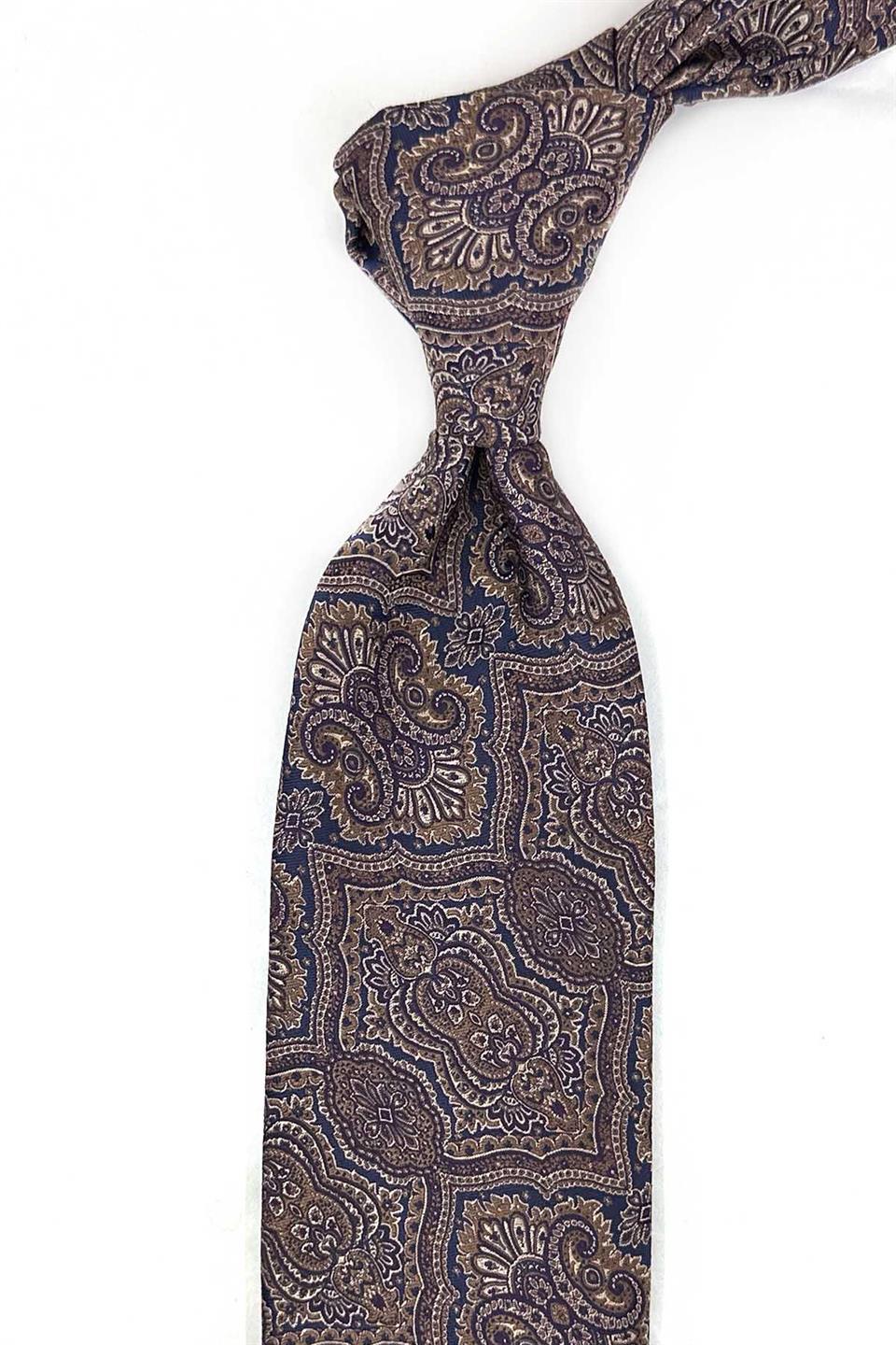 Kahve - Lacivert Motif Desen Mendilli Klasik Kravat KK13325