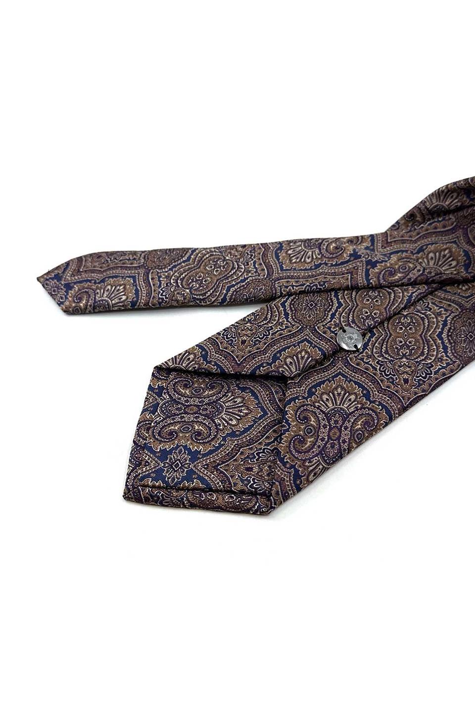 Kahve - Lacivert Motif Desen Mendilli Klasik Kravat KK13325