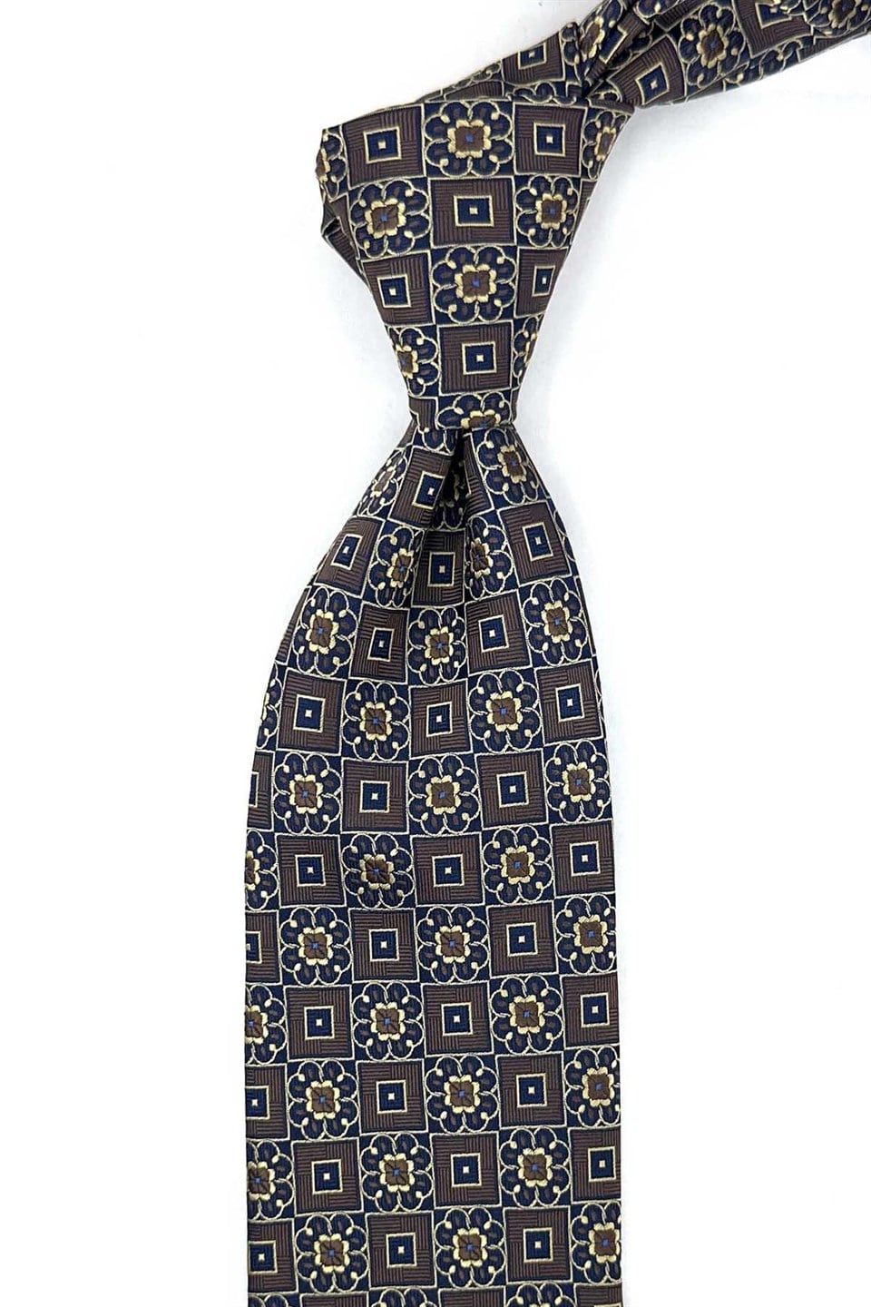 Kahve Lacivert Motif Desen Mendilli Klasik Kravat KK13953