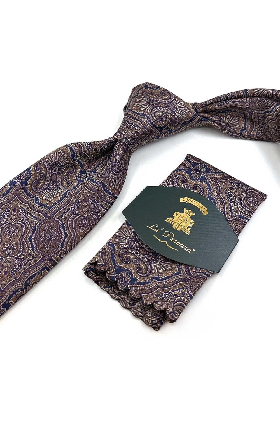 Kahve - Lacivert Motif Desen Mendilli Klasik Kravat KK13325