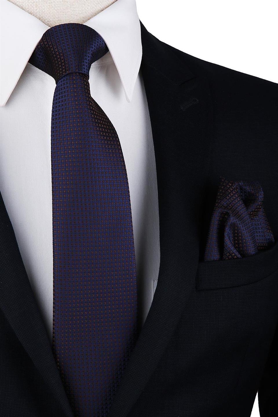 Kahve - Lacivert Nokta Desen Mendilli Klasik Kravat KK10058