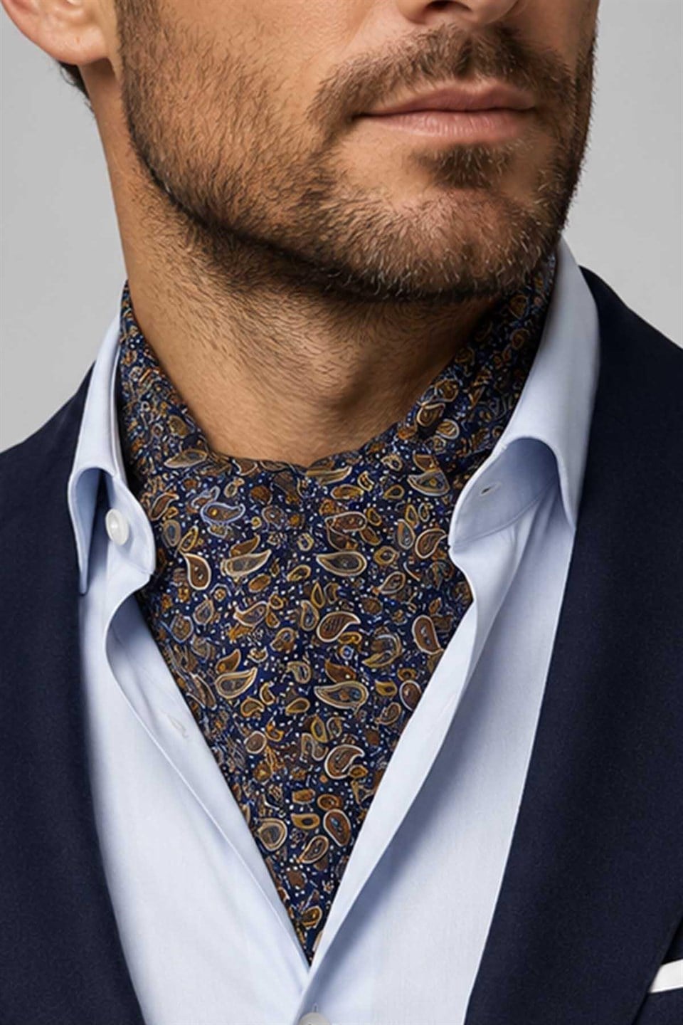 Kahve Lacivert Şal Desen İtalyan İpek Ascot Kravat SAC141
