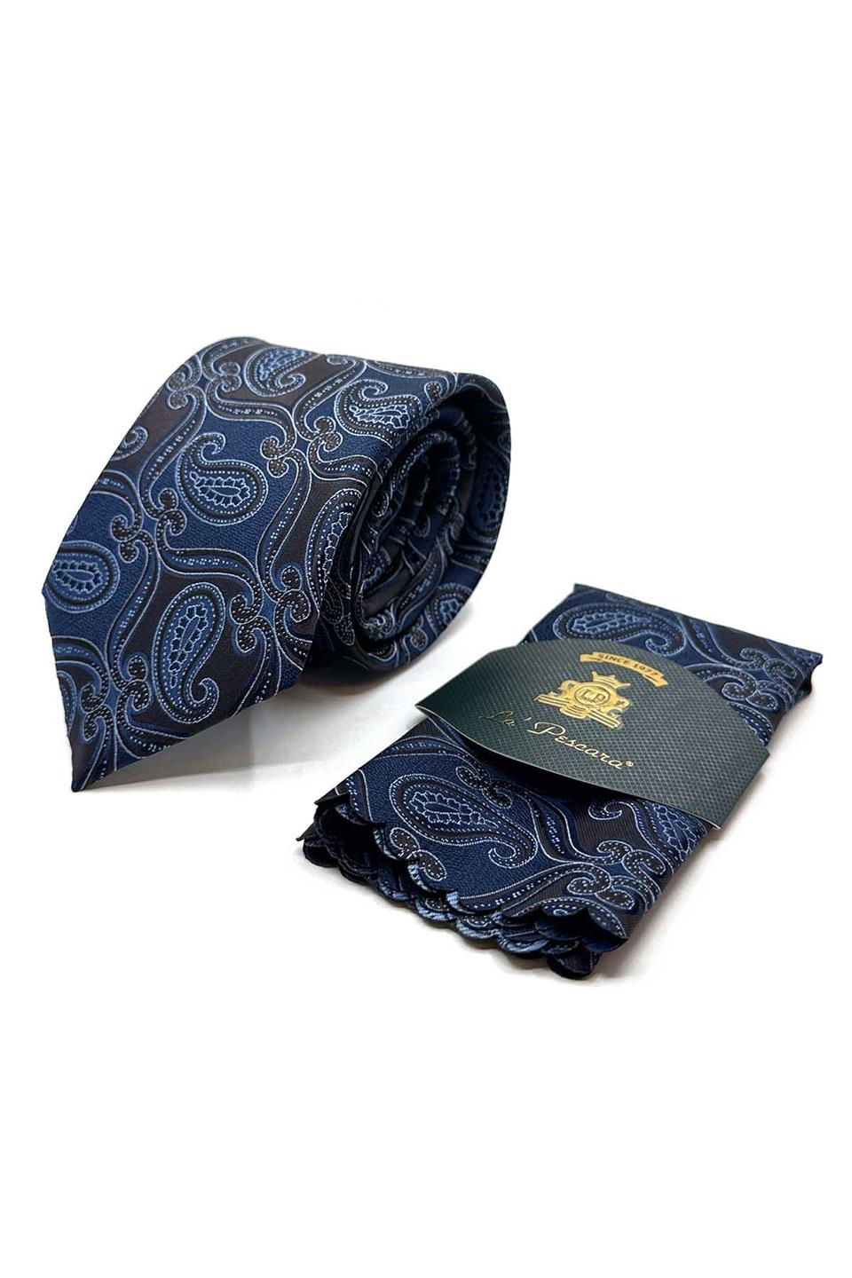 Kahve - Lacivert Şal Desen Mendilli Klasik Kravat KK12887