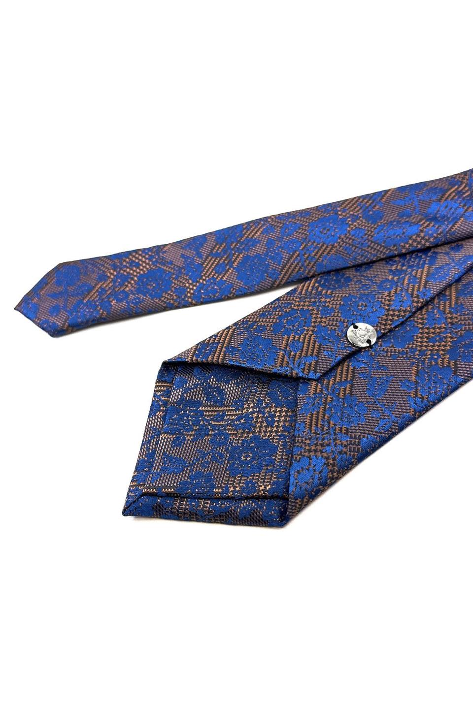 Kahve - Mavi Çiçek Desen Mendilli Klasik Kravat KK11180