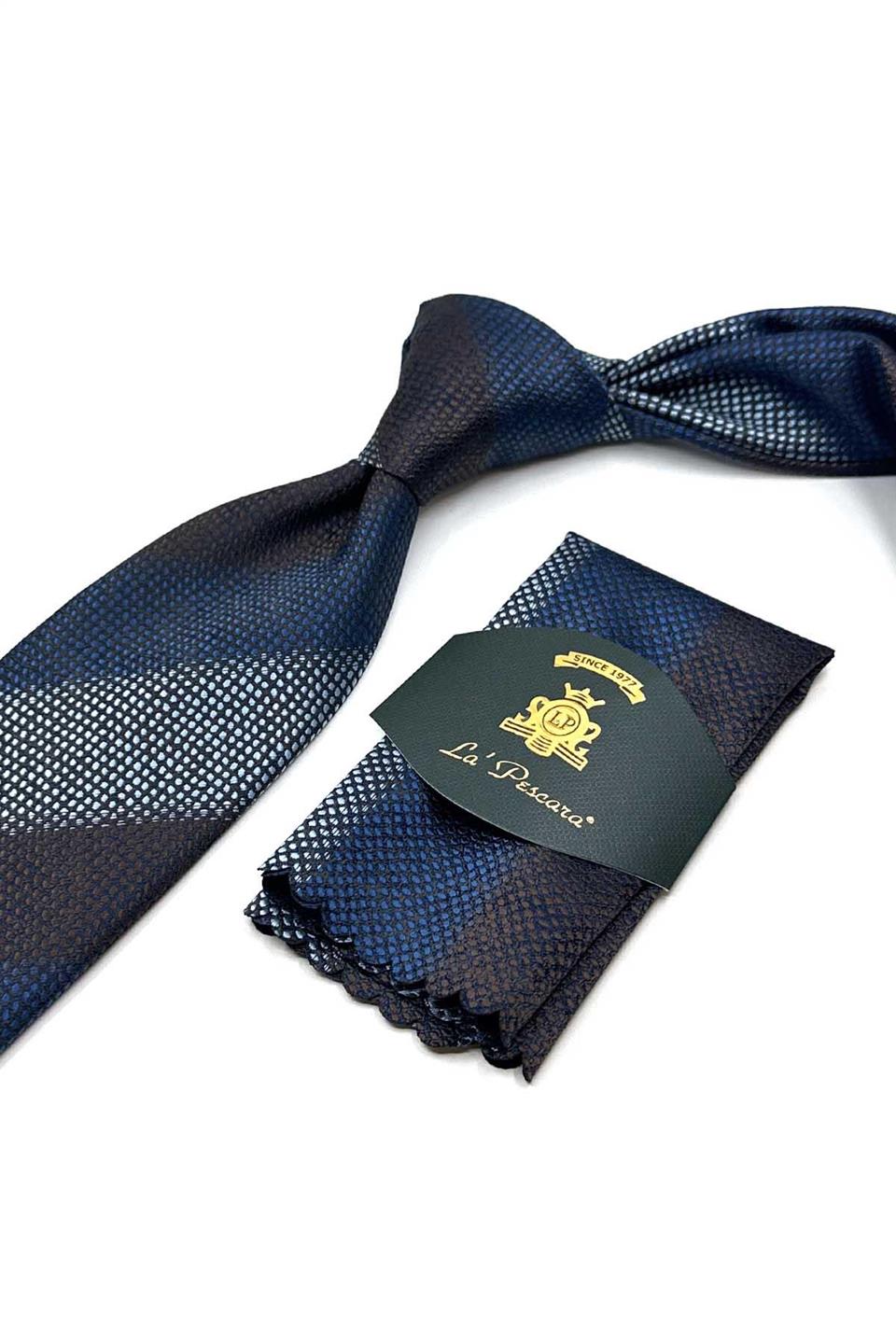 Kahve - Mavi Çizgi Desen Mendilli Klasik Kravat KK13067