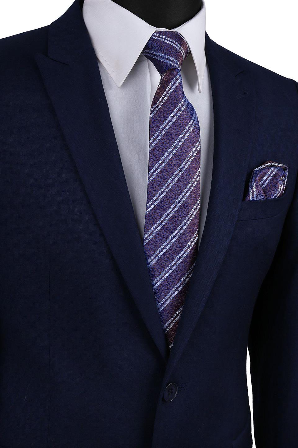 Kahve - Mavi Çizgi Desen Mendilli Klasik Kravat KK9463