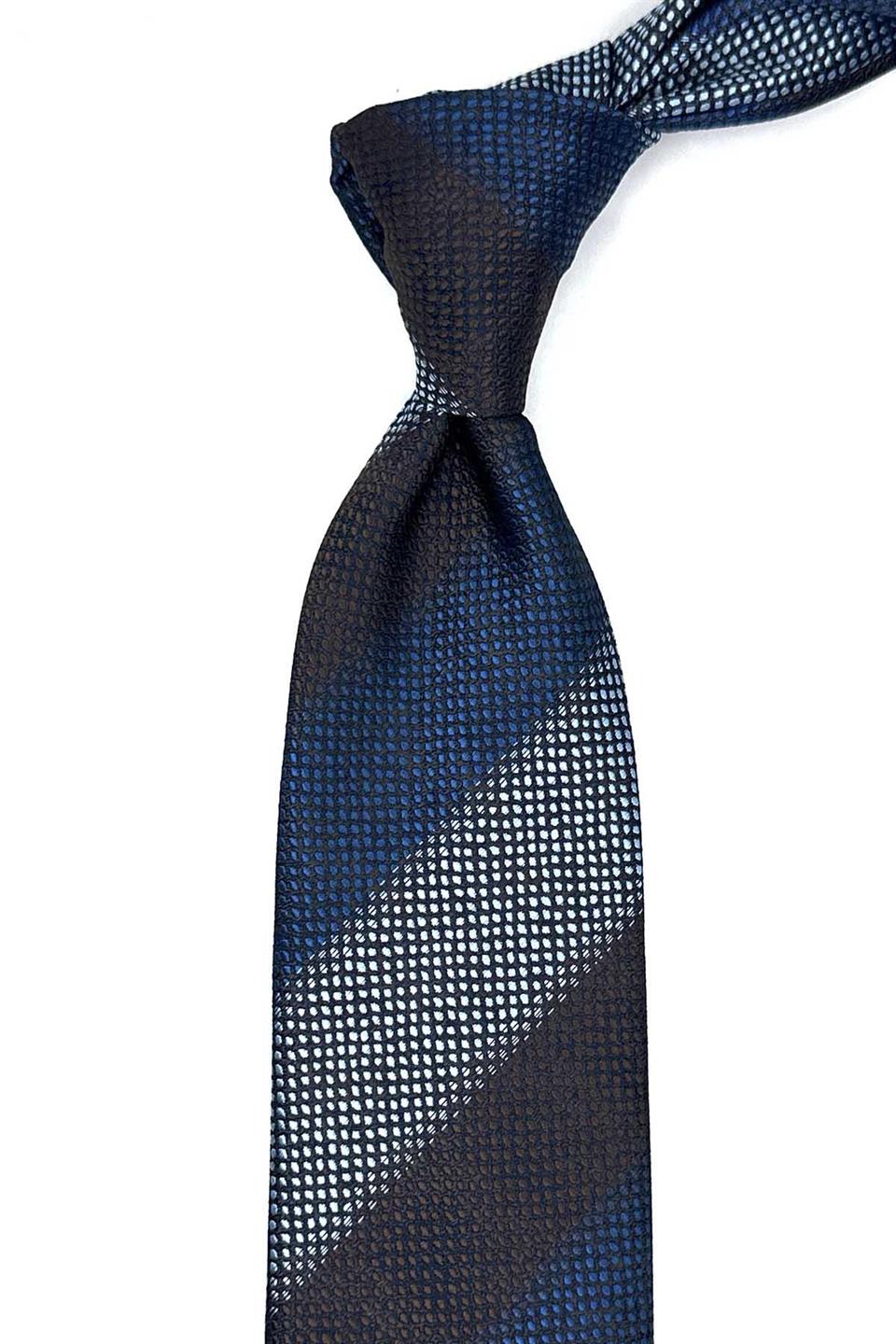 Kahve - Mavi Çizgi Desen Mendilli Klasik Kravat KK13067