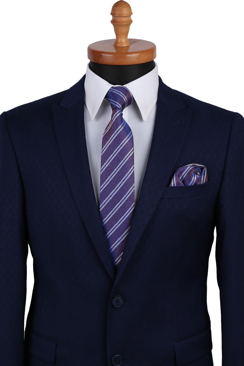 Kahve - Mavi Çizgi Desen Mendilli Klasik Kravat KK9463