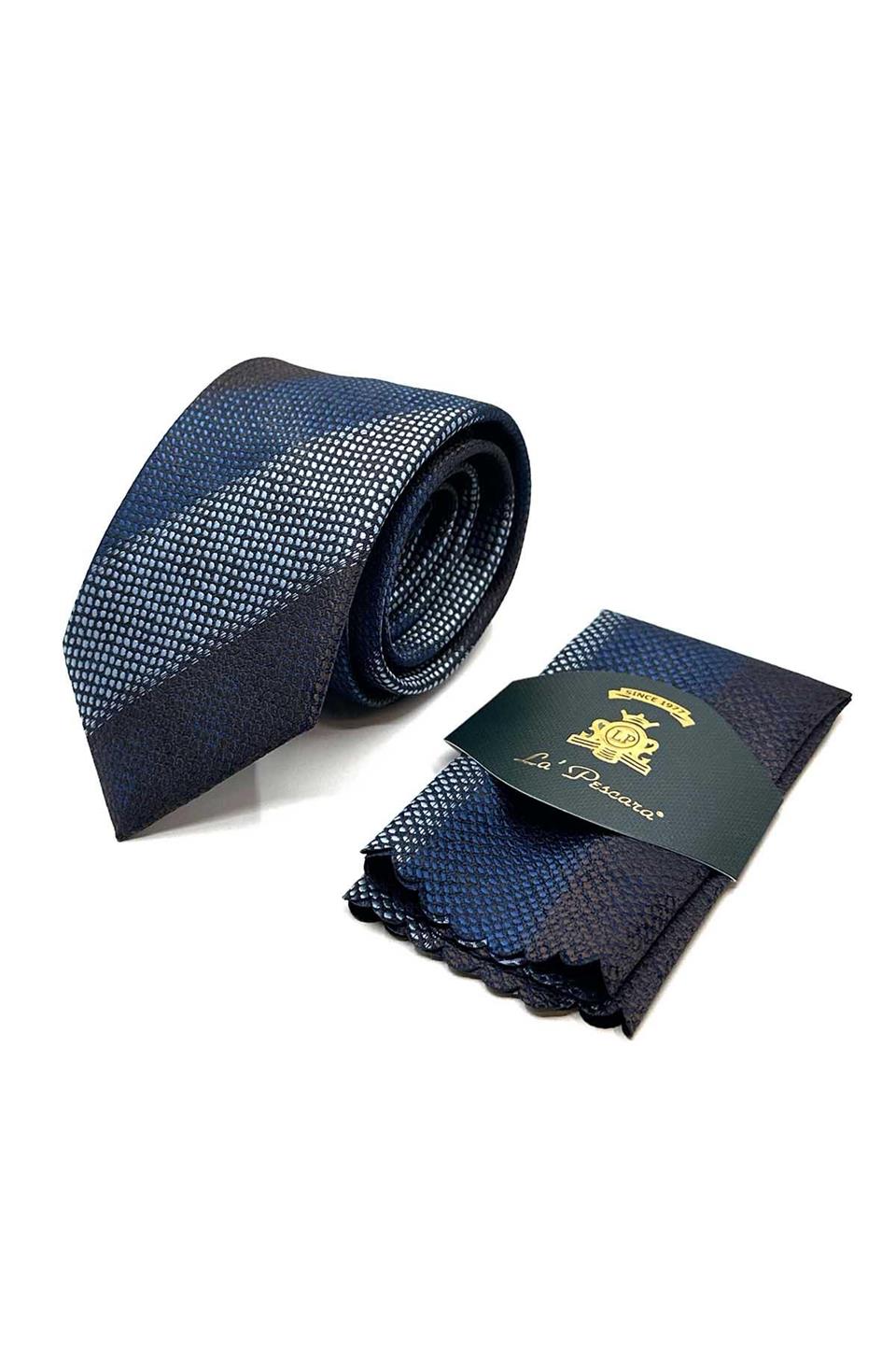 Kahve - Mavi Çizgi Desen Mendilli Klasik Kravat KK13067