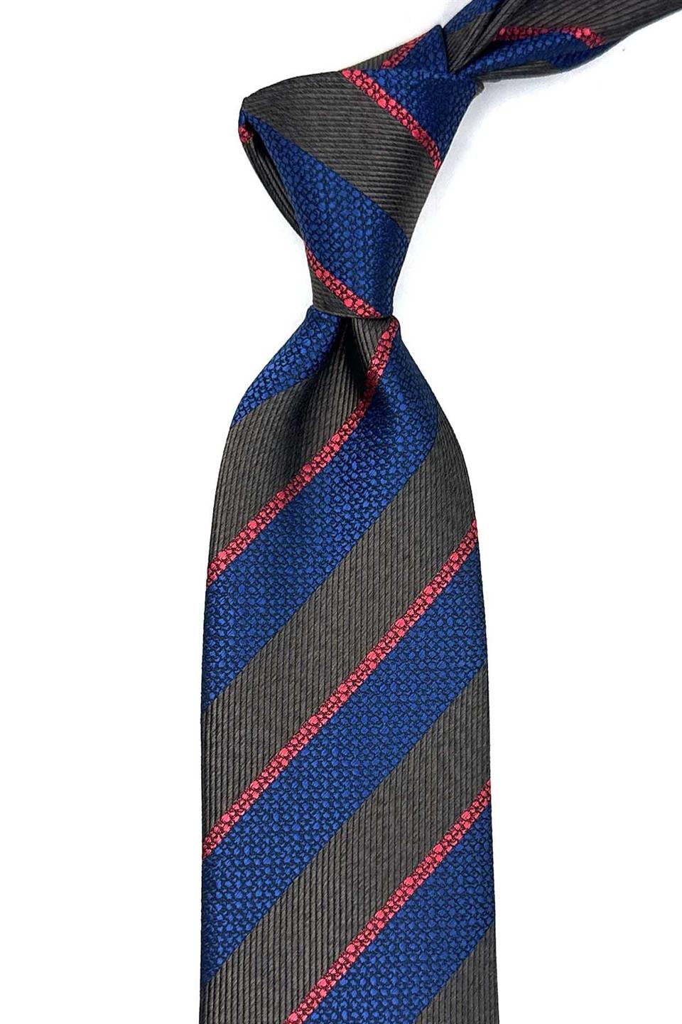 Kahve - Mavi Çizgi Desen Mendilli Klasik Kravat KK13107