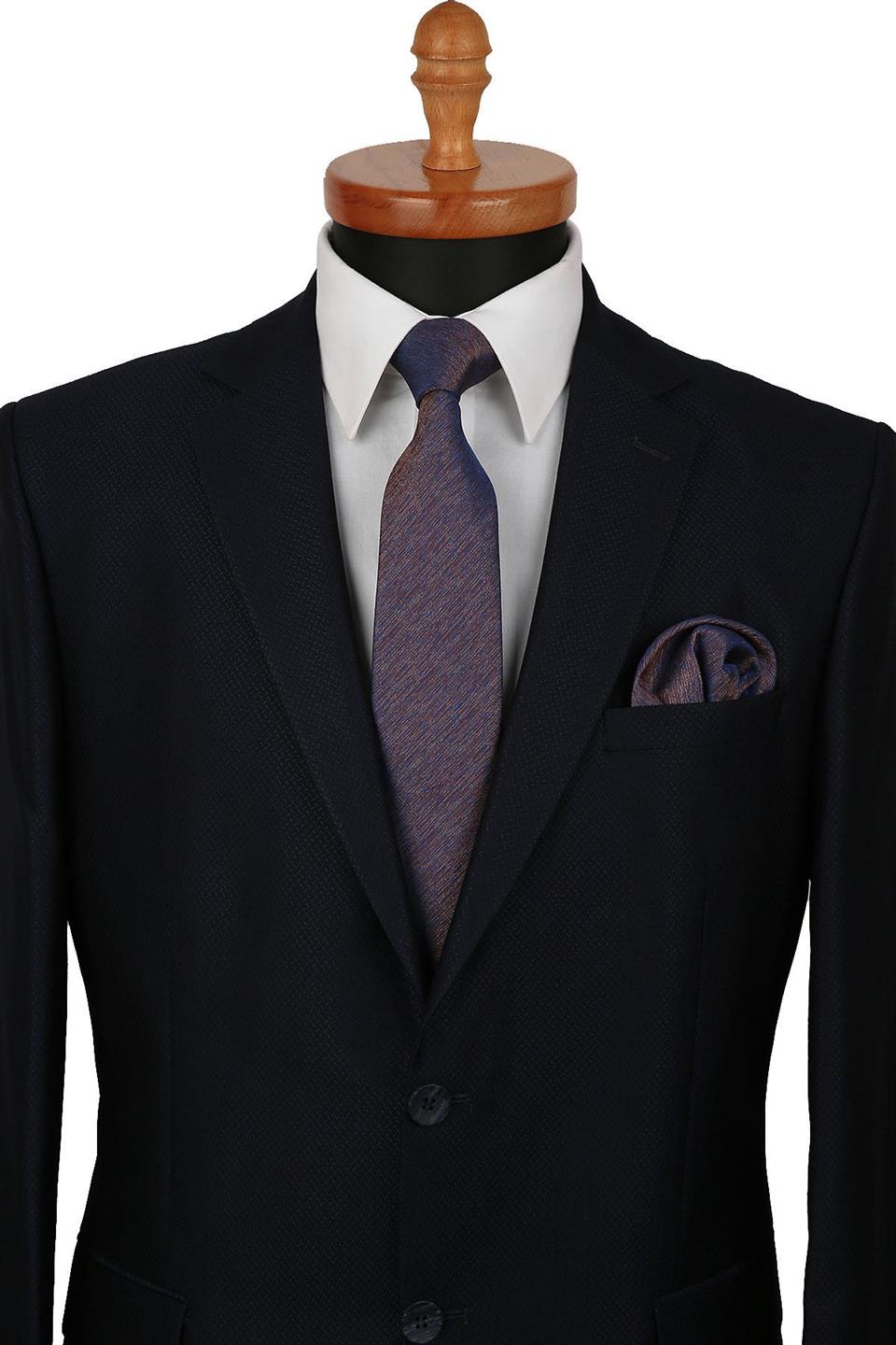 Kahve - Mavi Kum Desen Mendilli Klasik Kravat KK9416