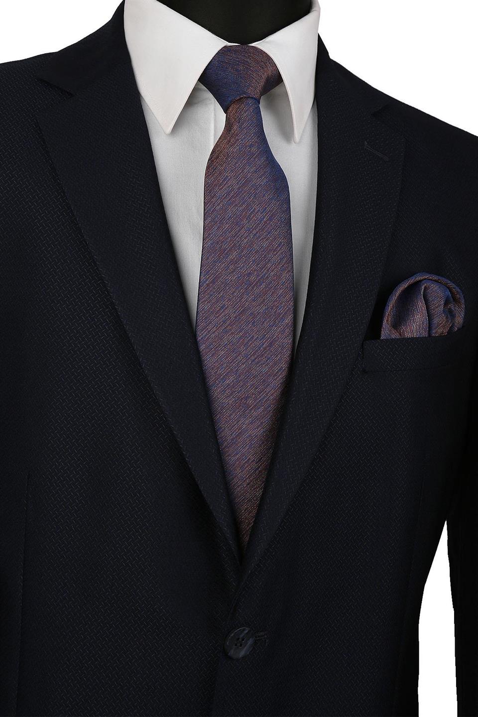 Kahve - Mavi Kum Desen Mendilli Klasik Kravat KK9416