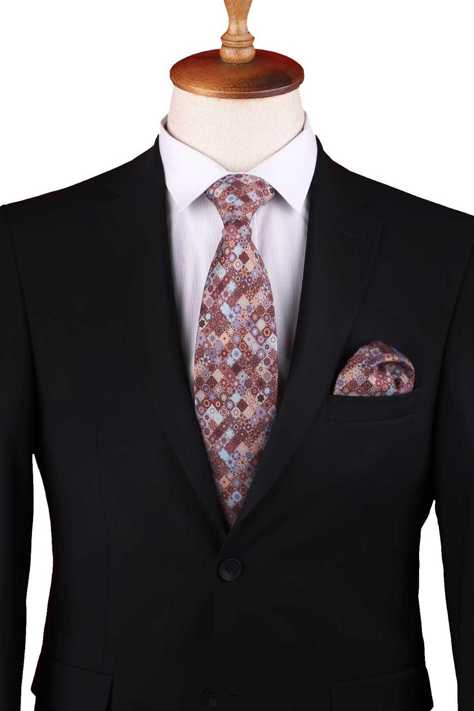 Kahve - Mavi Motif Desen Baskılı Mendilli Klasik Kravat KK13341