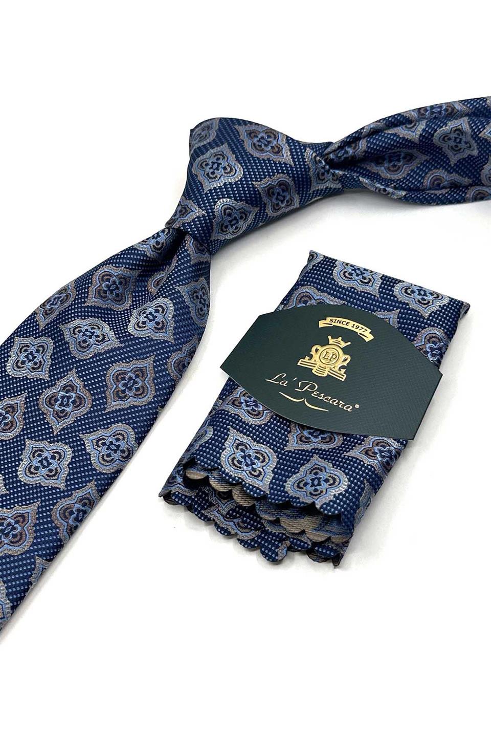 Kahve - Mavi Motif Desen Mendilli Klasik Kravat KK13613