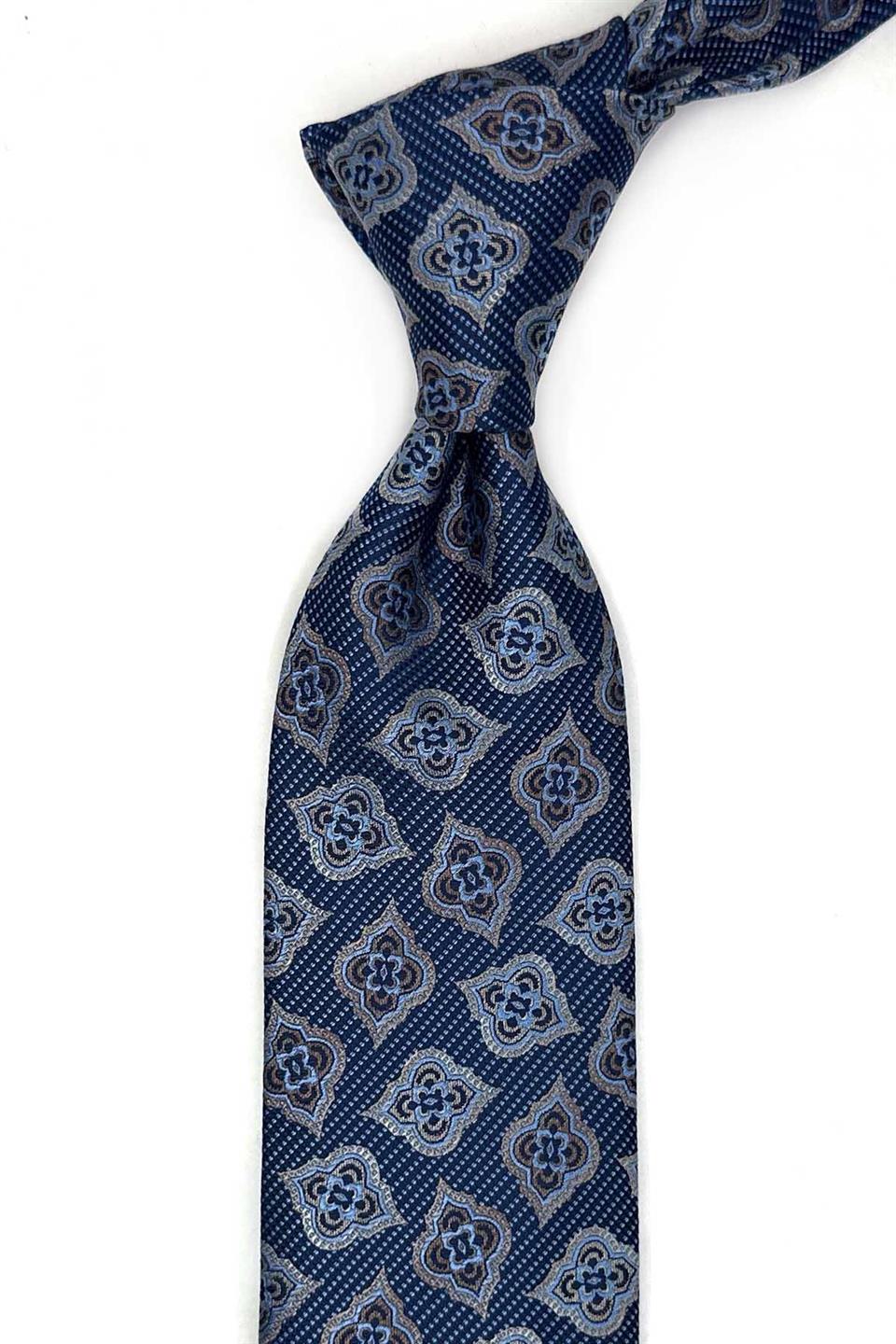 Kahve - Mavi Motif Desen Mendilli Klasik Kravat KK13613