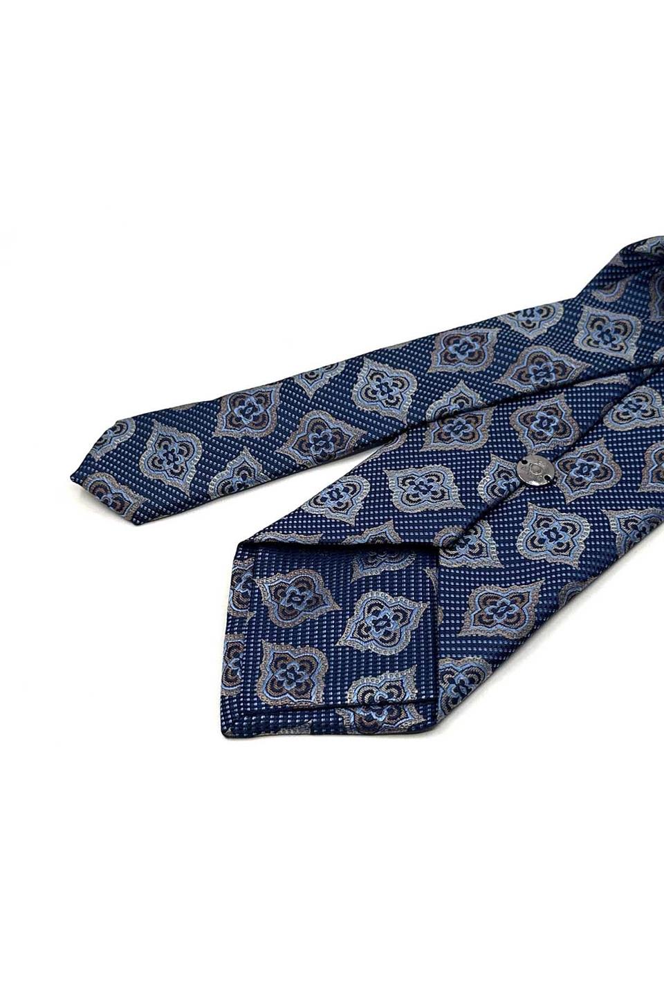 Kahve - Mavi Motif Desen Mendilli Klasik Kravat KK13613