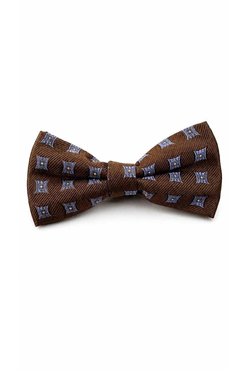 Kahve Mavi Motif İpek Papyon SB246