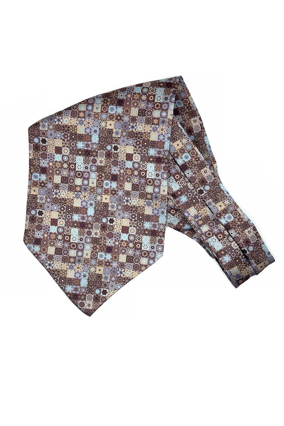 Kahve - Mavi Mozaik Motif Desen Erkek Fular Ascot K670