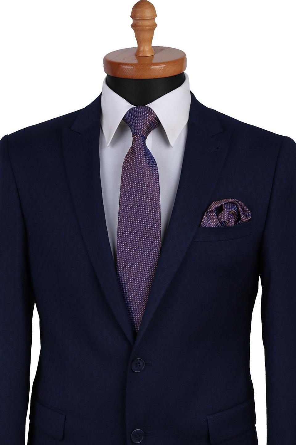 Kahve - Mavi Nokta Desen Mendilli Klasik Kravat KK9665