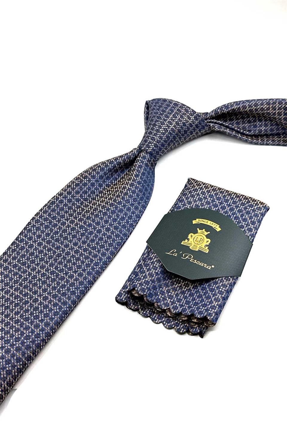 Kahve - Mavi Nokta Desen Mendilli Klasik Kravat KK12584