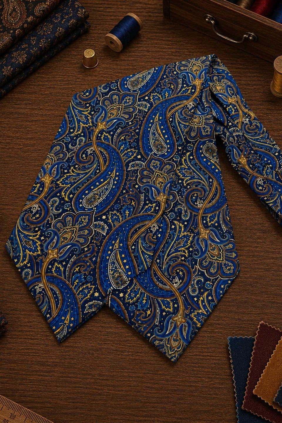 Kahve Mavi Şal Desen İtalyan İpek Ascot Kravat SAC89