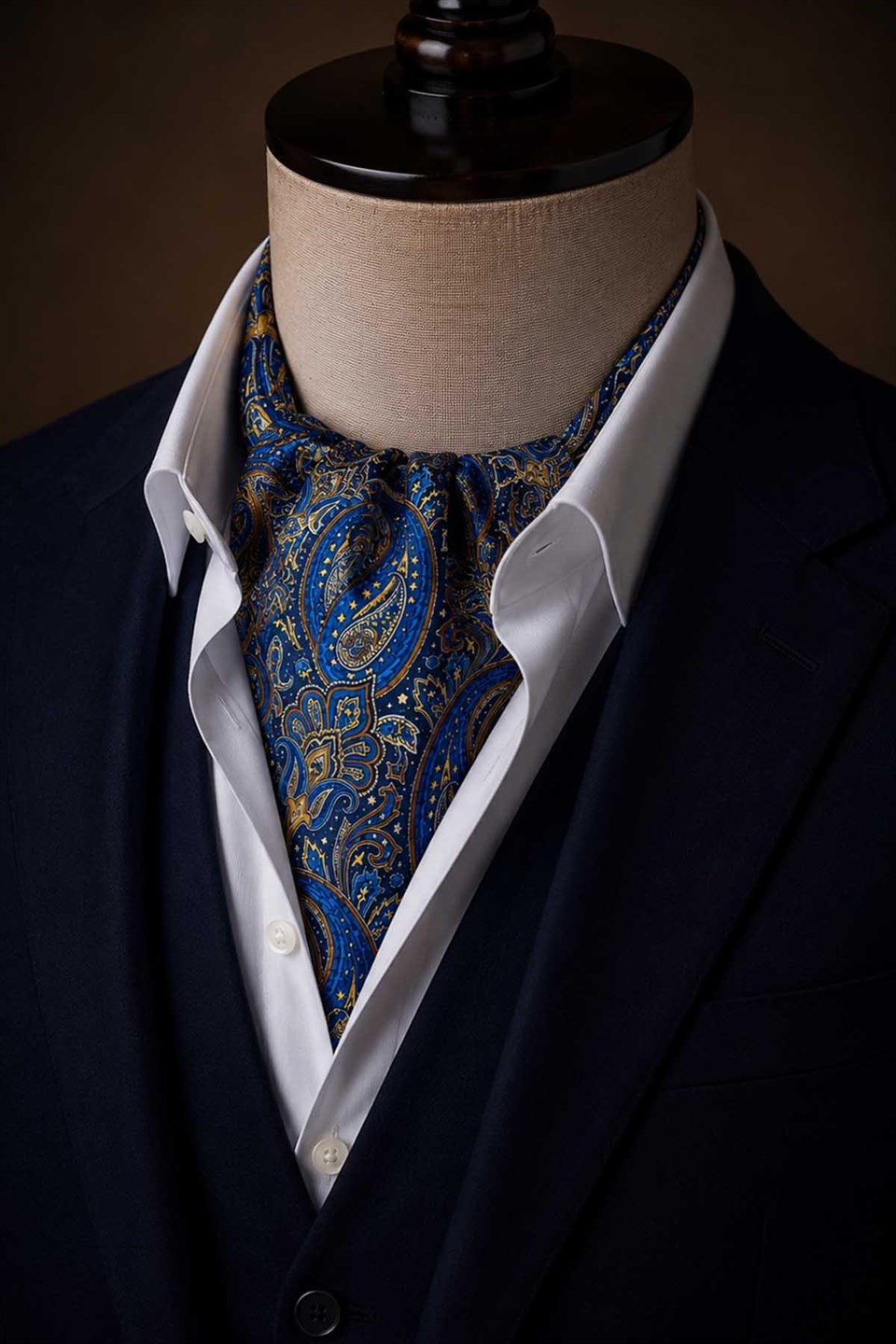 Kahve Mavi Şal Desen İtalyan İpek Ascot Kravat SAC89