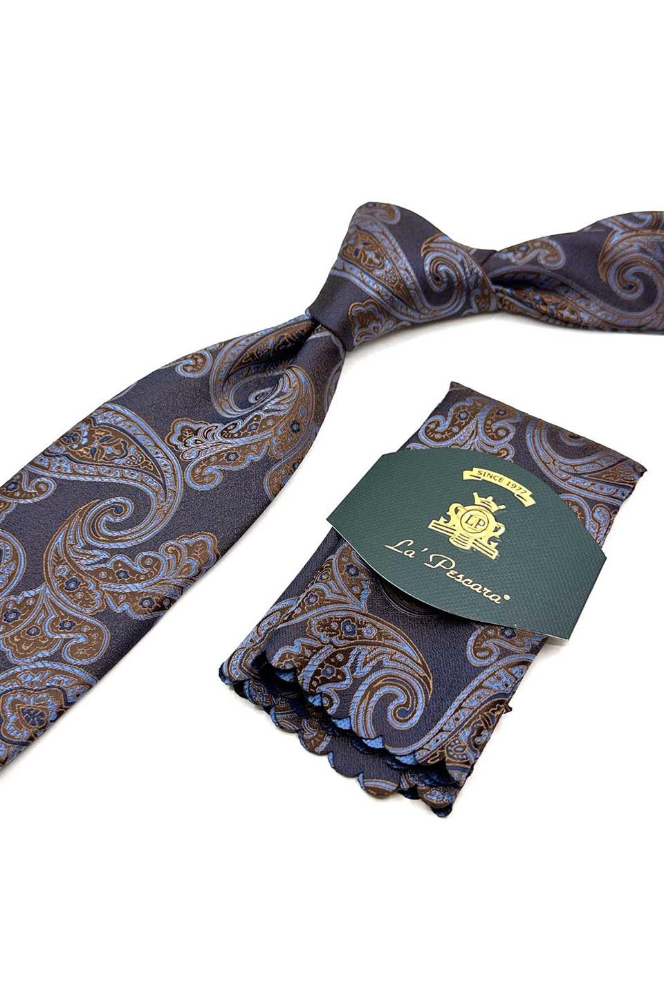 Kahve - Mavi Şal Desen Mendilli Klasik Kravat KK13052