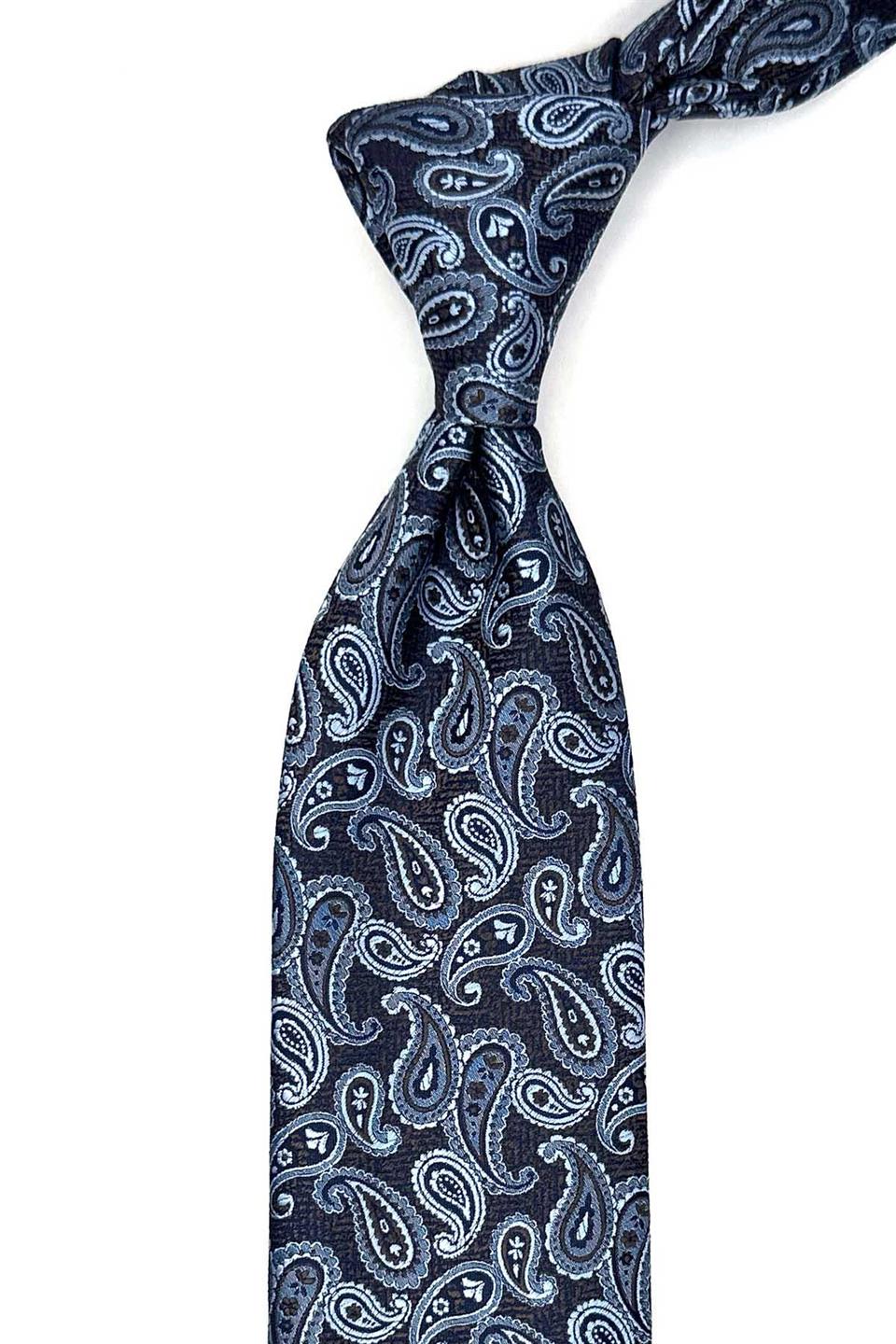 Kahve - Mavi Şal Desen Mendilli Klasik Kravat KK12876