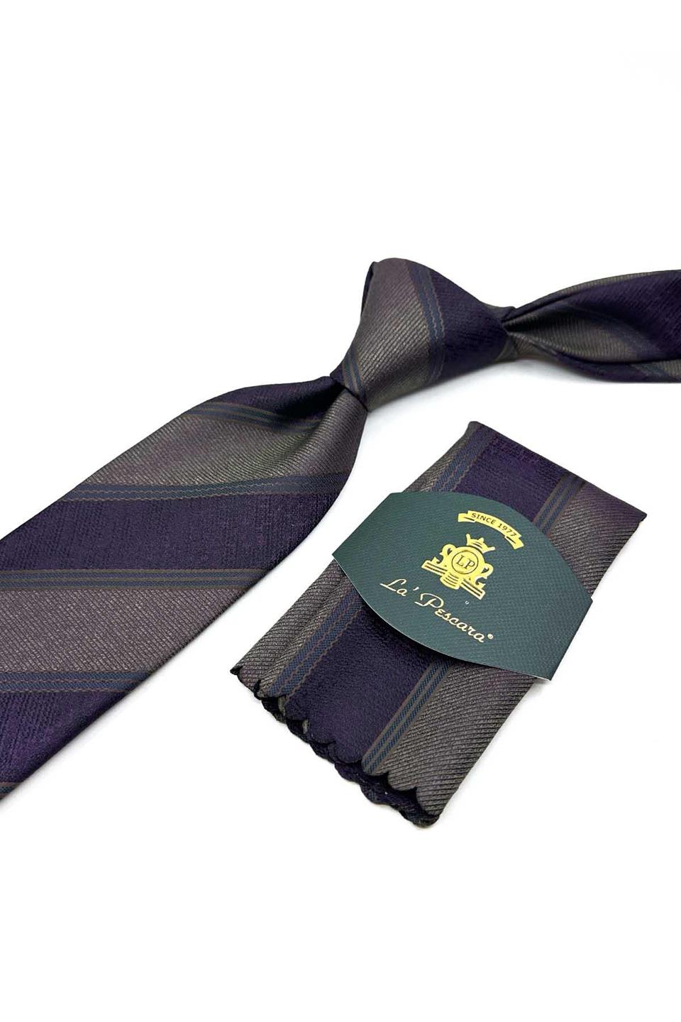 Kahve - Mor Çizgi Desen Mendilli Klasik Kravat KK13150