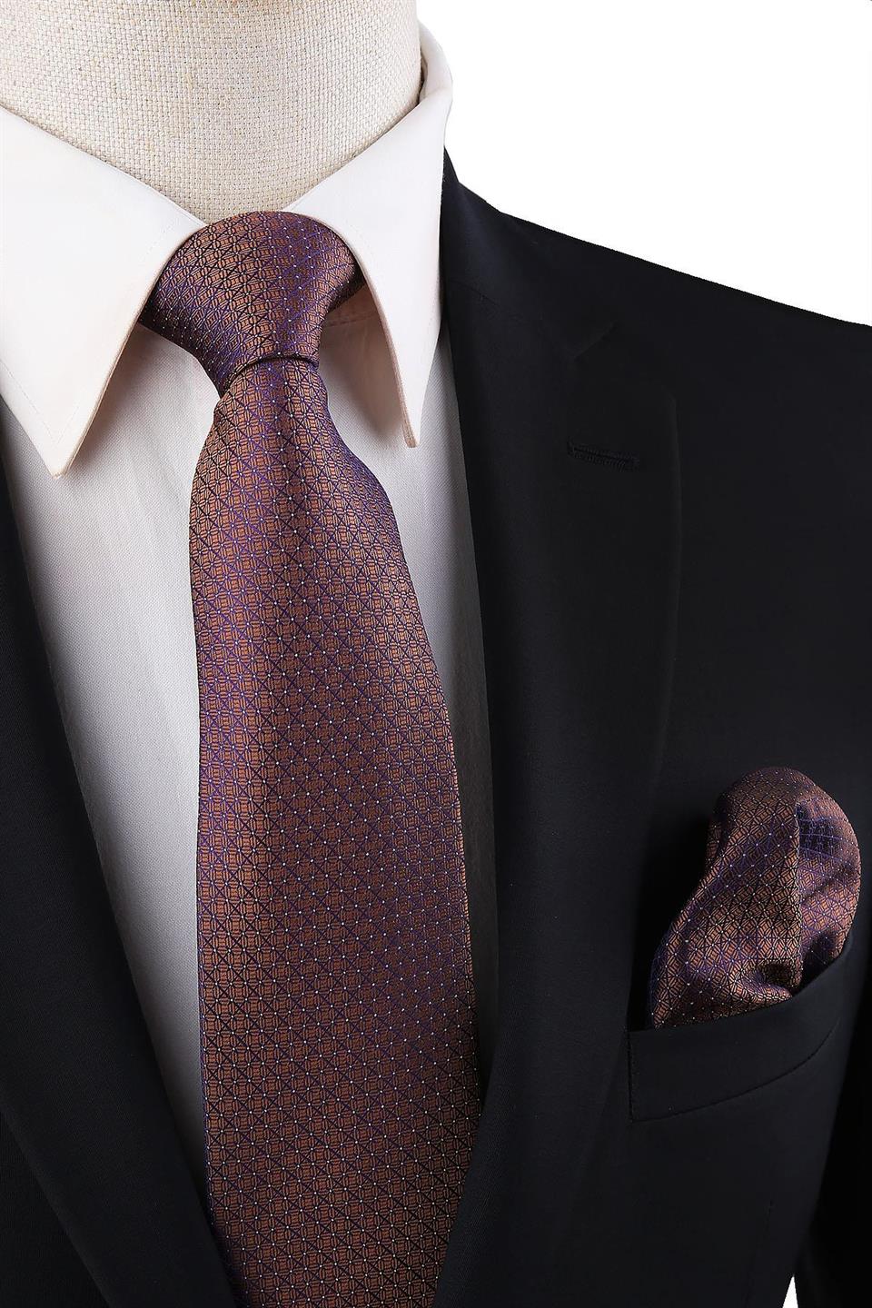 Kahve - Mor Nokta Desen Mendilli Klasik Kravat KK10810