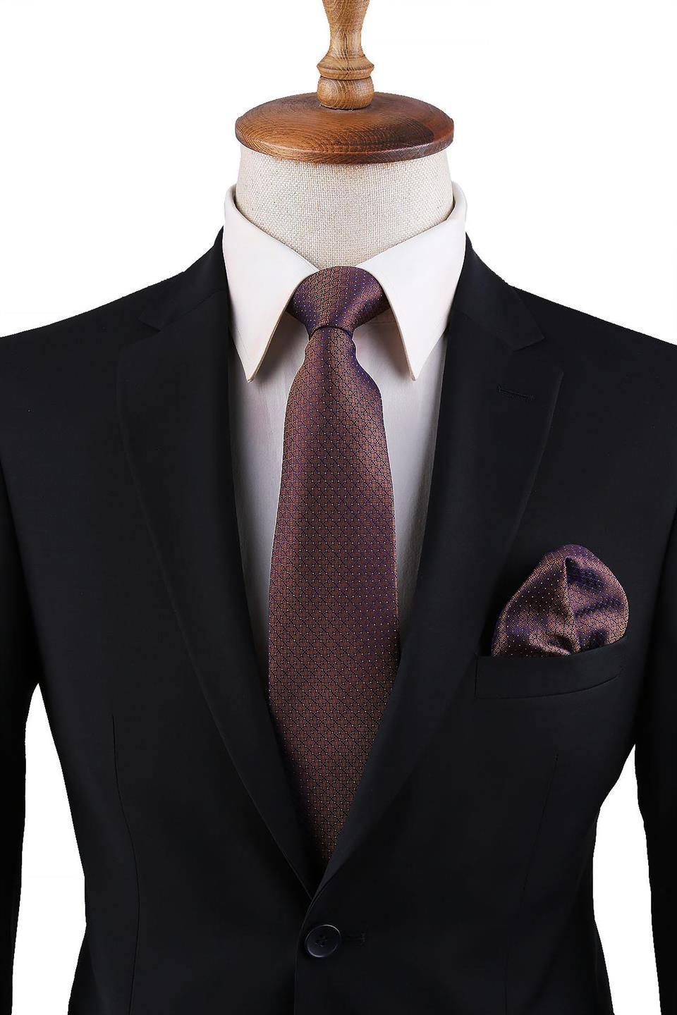 Kahve - Mor Nokta Desen Mendilli Klasik Kravat KK10810