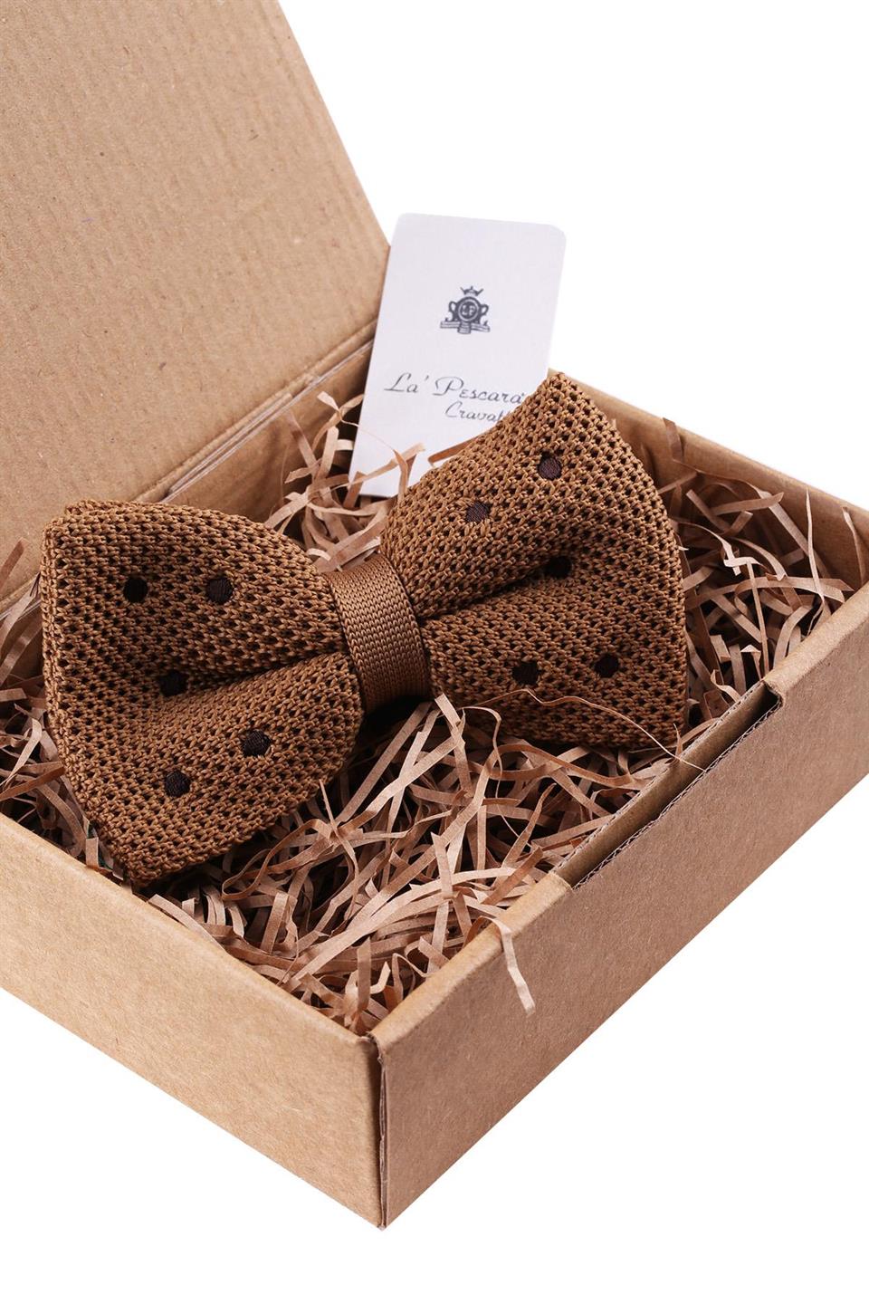 Kahve Puantiye Desen Örgü Papyon ÖR117