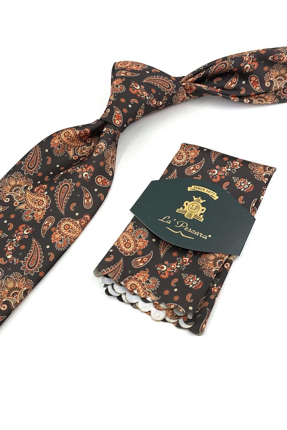 Kahve Şal Desen Baskılı Mendilli Klasik Kravat KK13353