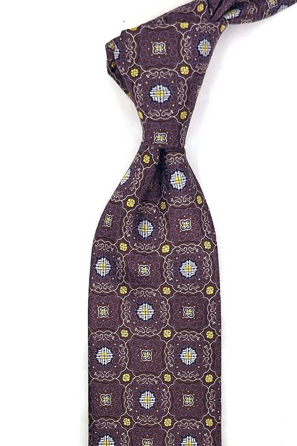 Kahve Sarı Motif Desen Mendilli Klasik Kravat KK13758