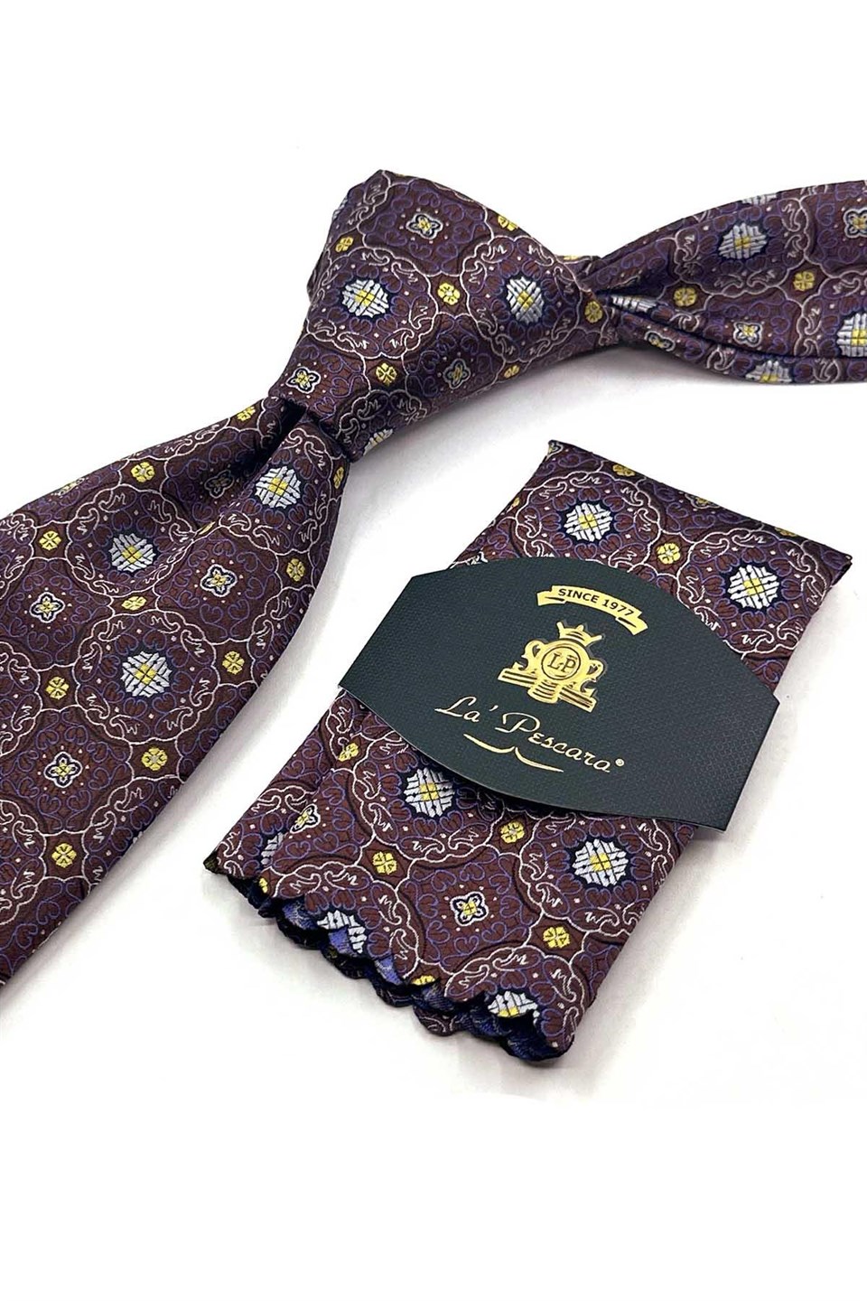 Kahve Sarı Motif Desen Mendilli Klasik Kravat KK13758