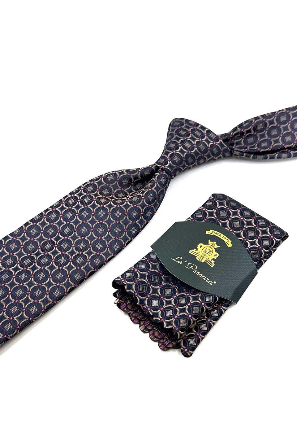 Kahve - Siyah Motif Desen Mendilli Klasik Kravat KK12391