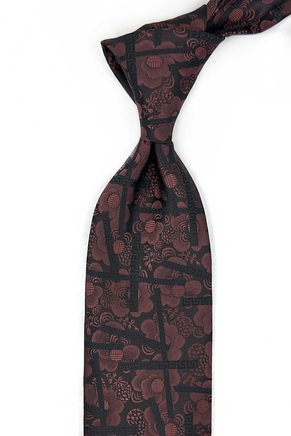 Kahve - Siyah Motif Desen Mendilli Klasik Kravat KK13309
