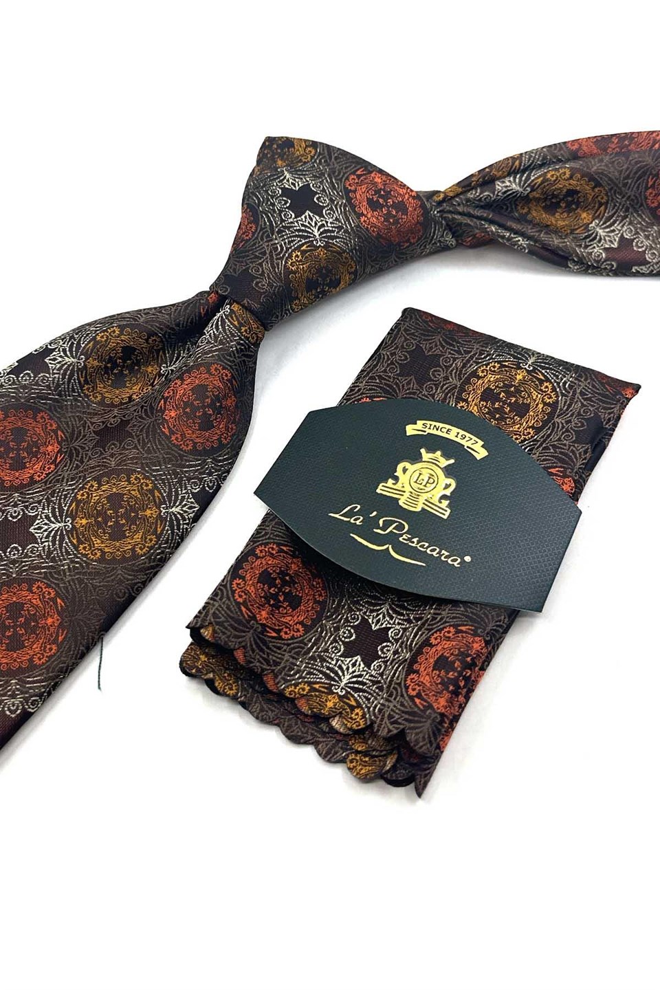 Kahve Turuncu Motif Desen Mendilli Klasik Kravat KK13724
