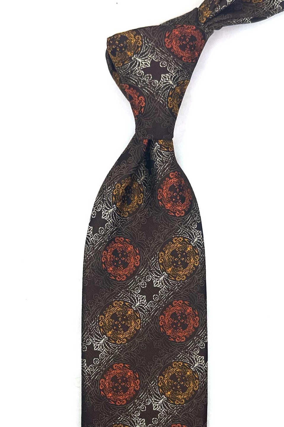 Kahve Turuncu Motif Desen Mendilli Klasik Kravat KK13724