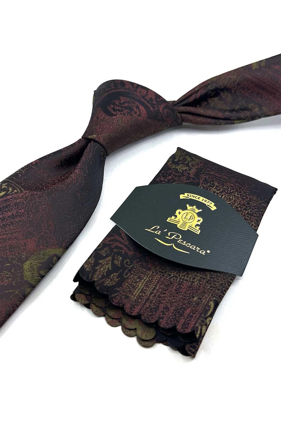 Kahve Yeşil Motif Desen Mendilli Klasik Kravat KK13968