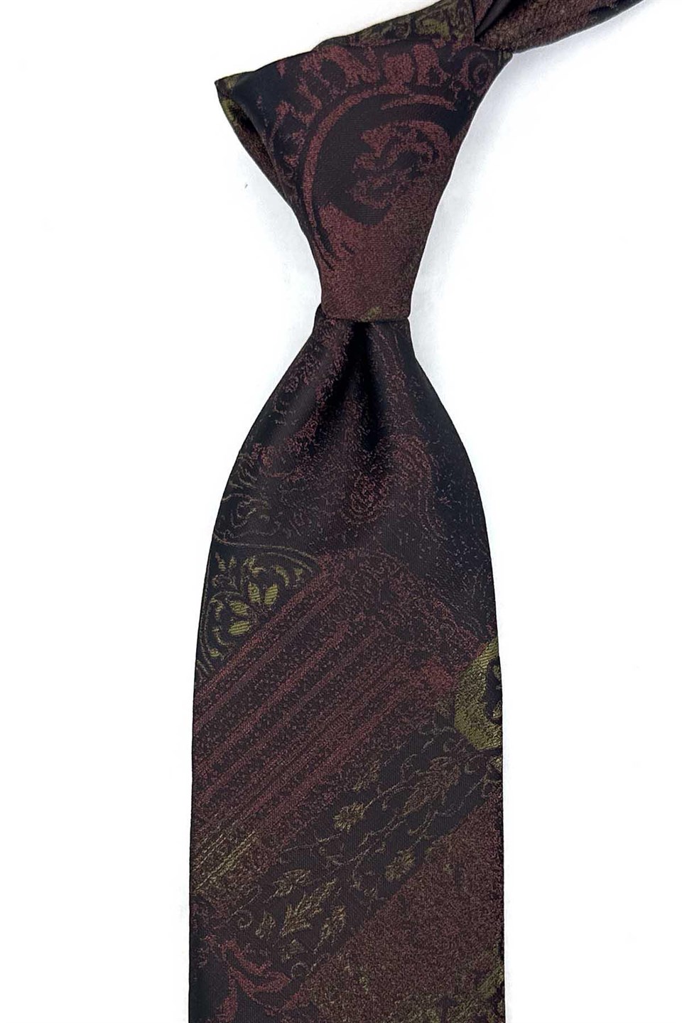 Kahve Yeşil Motif Desen Mendilli Klasik Kravat KK13968