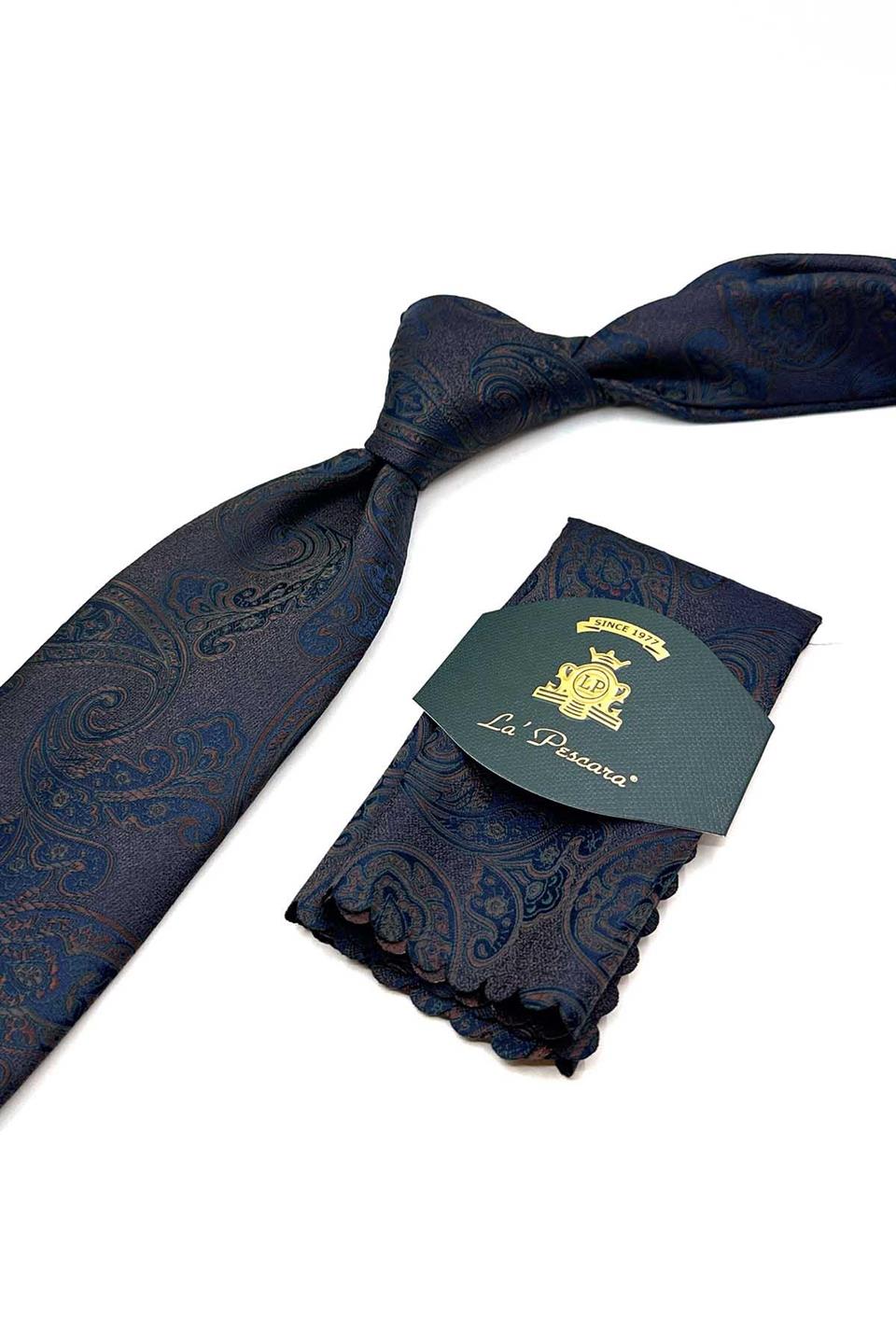 Kahve - Yeşil Şal Desen Mendilli Klasik Kravat KK13051