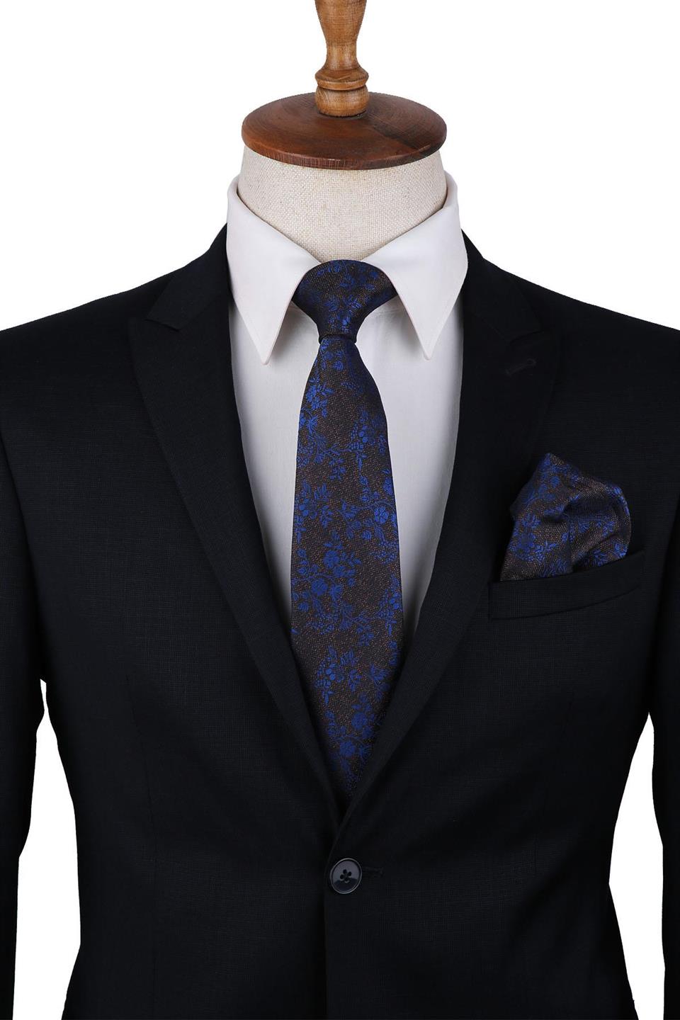 Kahverengi Çiçek Desen Mendilli Klasik Kravat KK10141