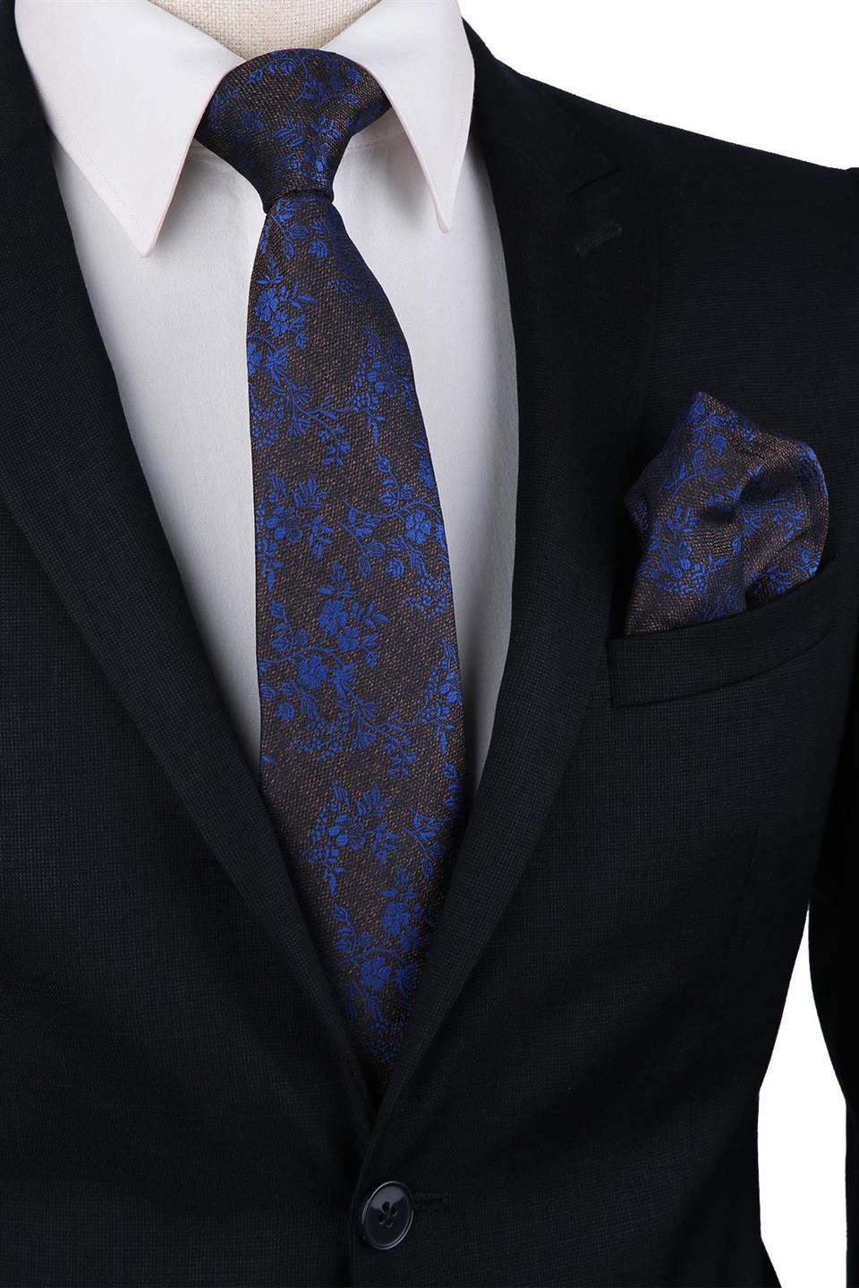 Kahverengi Çiçek Desen Mendilli Klasik Kravat KK10141