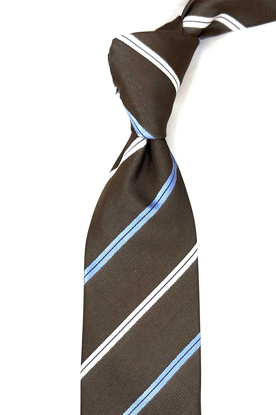 Kahverengi Çizgi Desen İtalyan İpek Kravat İK1673