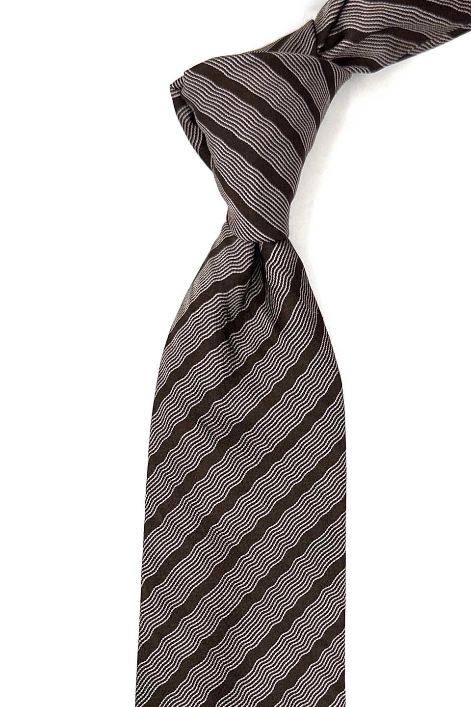 Kahverengi Çizgi Desen İtalyan İpek Kravat İK1668