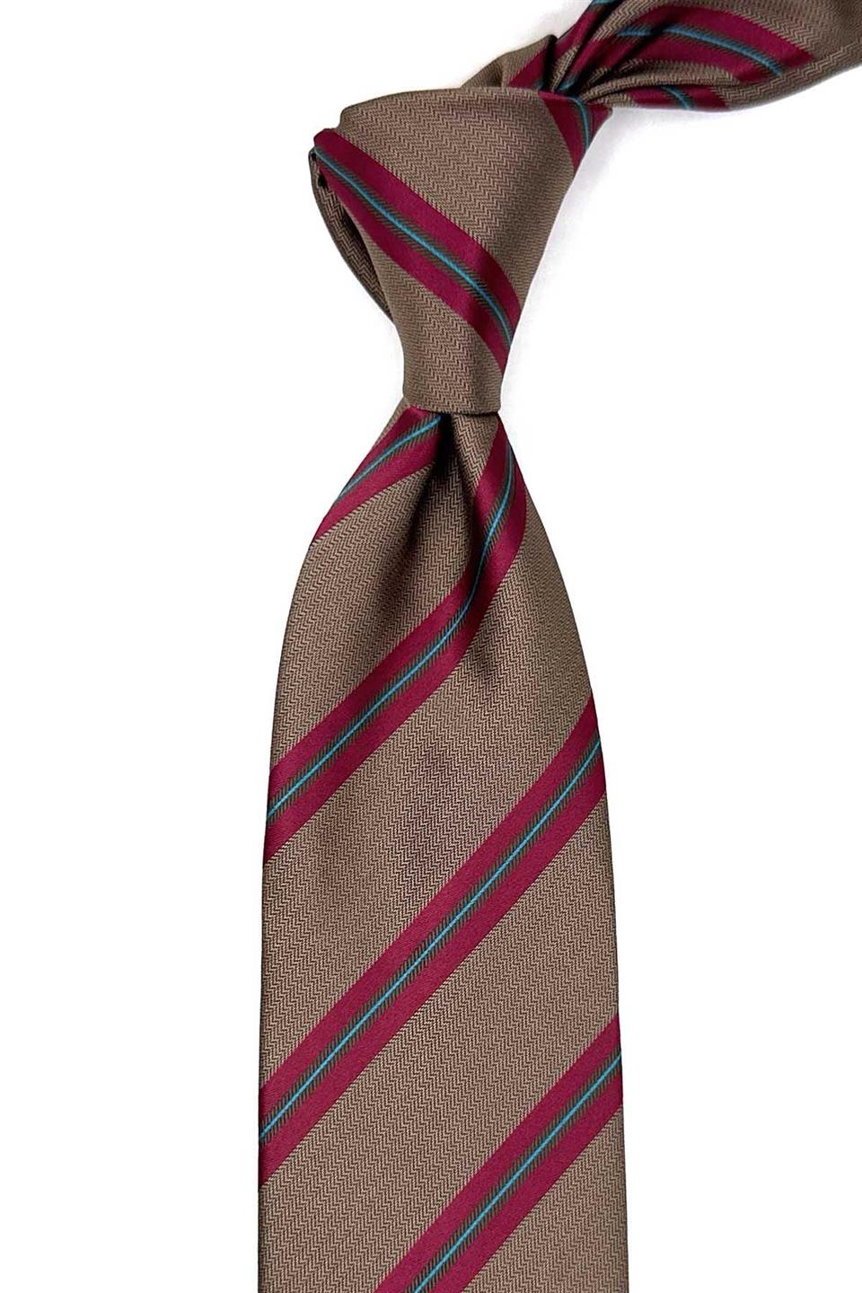 Kahverengi Çizgi Desen Mendilli Klasik Kravat KK12821