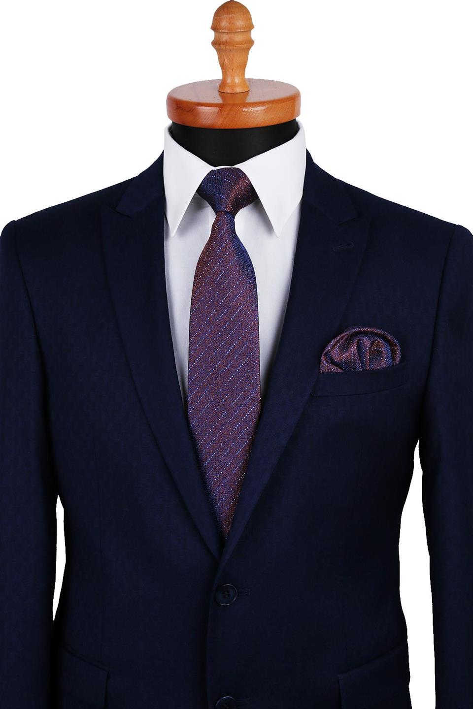 Kahverengi Çizgi Desen Mendilli Klasik Kravat KK9695